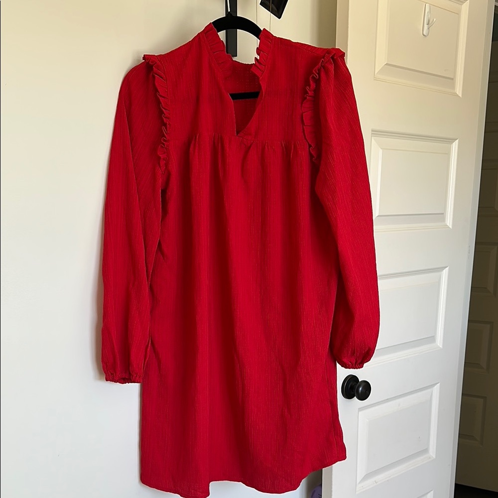 SHEIN Red A-line Dress with Bishop Sleeves and V-neck